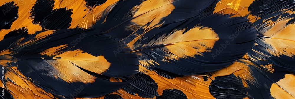 Vibrant abstract composition with golden and black strokes feather creating a dynamic texture Vibrant abstract composition with golden and black strokes feather creating a dynamic texture