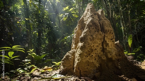 a termite mound amidst the dense foliage of the rainforest floor. photo