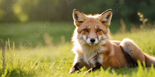 A Fox on a green meadow in the late summer sun.