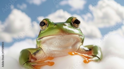   A green frog atop a white cloud against a blue sky dotted with white clouds behind it © Nadia