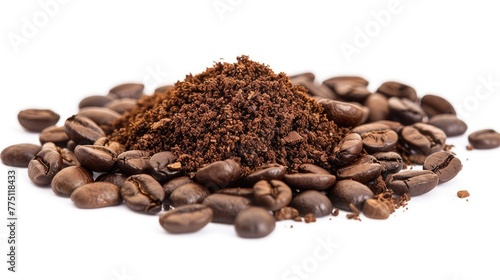 A serene composition of aromatic coffee beans, freshly ground and ready for brewing, arranged against a clean white background