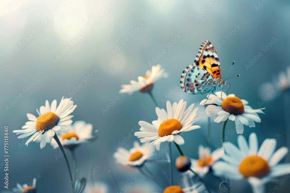 A butterfly alighting on a vibrant cluster of daisies