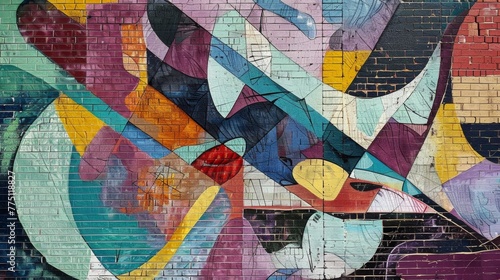 abstracted outdoor mural art on brick