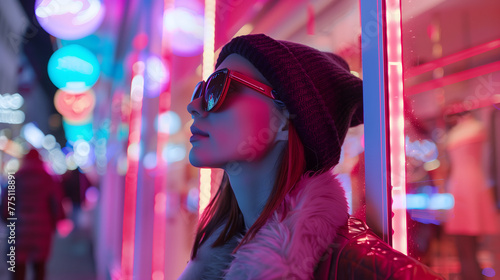 A young woman wearing winter and red sunglasses stands in front of neon lights, with pink hair, a black knitted hat, a white fur coat, and a colorful street background photo