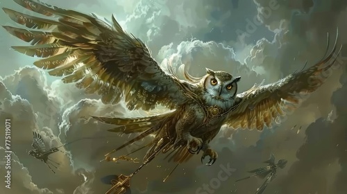   A painting of an owl mid-flight, clutching a sword in its talons against a backdrop of drifting clouds