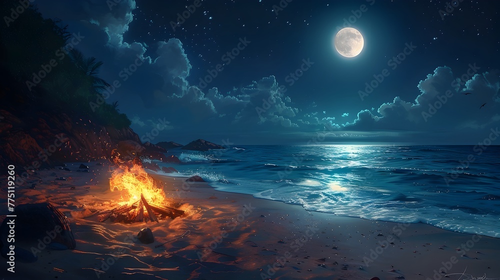 Summer Nights Magical Bonfire Glow on the Beachside