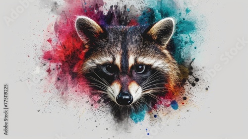 A raccoon's face depicted in a painting, splattered with red, blue, and green paint