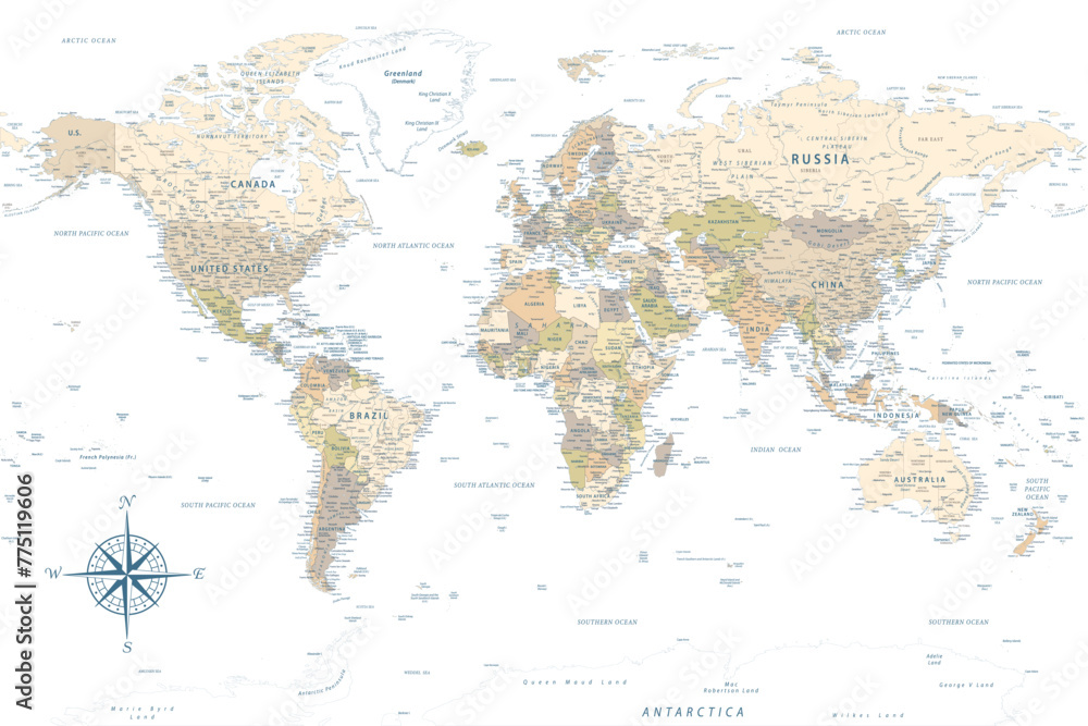 World Map - Highly Detailed Vector Map of the World. Ideally for the Print Posters. Pastel Vintage Colors. Retro Style - obrazy, fototapety, plakaty 