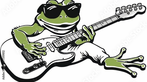   A frog, donning sunglasses atop its head, holds a guitar and wears another pair on its eyes