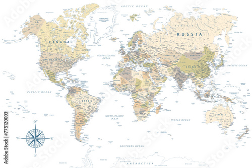 World Map - Highly Detailed Vector Map of the World. Ideally for the Print Posters. Pastel Vintage Colors. Retro Style