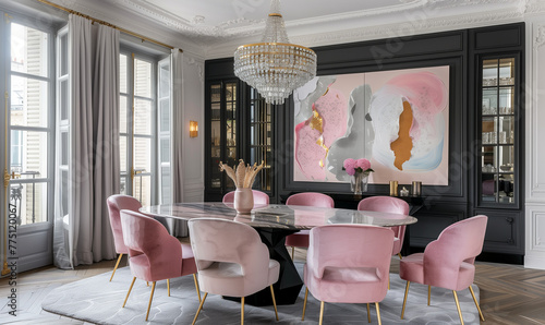 Dining room interior design in art deco style. Black, white and pink furniture (table and chairs)
