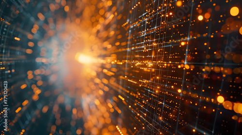 Digital flow and big data technology background with glowing light square particles in motion, dark orange and yellow color theme, blurred electronic network structure in the background