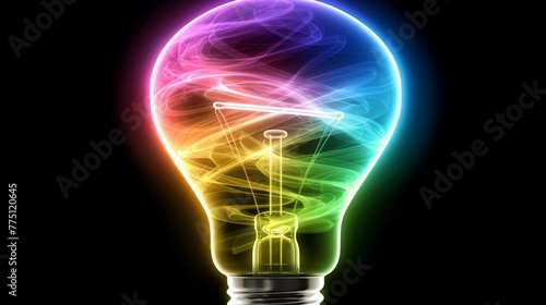  A black background with a multicolored light bulb and a white light bulb, each against the black backdrop
