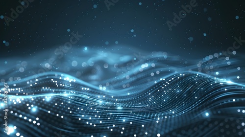 Abstract digital landscape with dynamic blue waves. Futuristic backdrop with glowing particles. Visualization of data flow. Conceptual technology background for presentations. AI