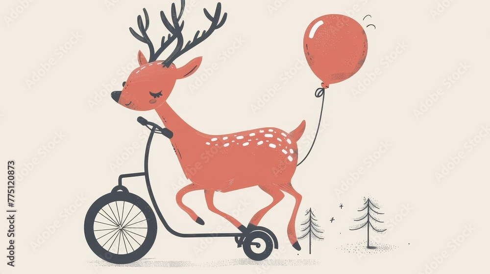   A drawing of a deer on a bicycle with a balloon tied to its back wheel