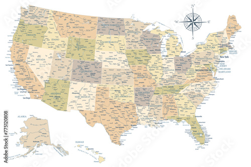 United States - Highly Detailed Vector Map of the USA. Ideally for the Print Posters. Pastel Vintage Colors. Retro Style