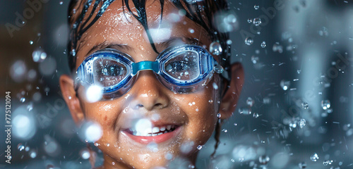 A child sporting goggles emerges from the water grinning and looks toward the camera, raindrops shimmering on their face © Stone Shoaib
