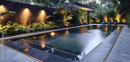 A contemporary black-finished pool encircled by lush vegetation and softly lit by ambient lighting