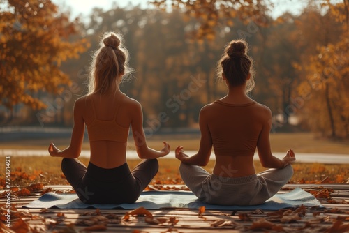 Two females practice yoga in park, autumn leaves blanket ground, matching ponytails, sunlight bathes scene. Yoga enthusiasts enjoy fall setting, golden foliage underfoot, similar hairdos © N Joy Art 
