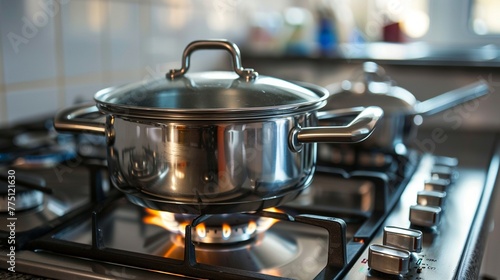Close-Up of Stainless Steel Cooking Pot on Gas Stove