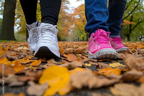 Two pairs of sneakers, one pink and one white, step on autumn leaves, marking change of seasons in city park. Close-up of feet in colorful sport shoes amidst fallen foliage,