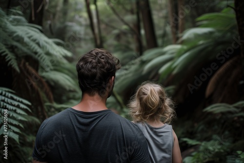 Back view of adult and child in forest, contemplative stance, jungle envelops, moment of togetherness in nature. Man and young girl from behind, pausing in woodland, enveloped by green © N Joy Art 