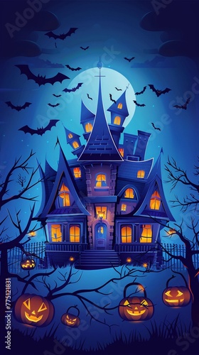 A spooky haunted house surrounded by bats and glowing lanterns, with eerie shadows dancing in the moonlight The flat design illustration is a vector graphic logo with no realistic photo details, using