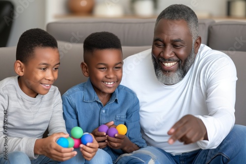 Grandfather laughs with grandsons, holding multicolored eggs, joyous bond in home's comfort. Elderly man shares chuckles with two boys, vibrant spheres in hand, radiating familial happiness. photo