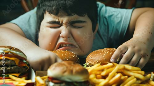 An extreme obese teenager eating junk fast food and living a sedentary life with bad health habits photo