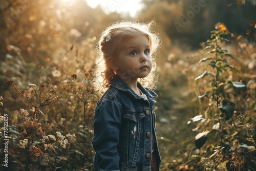 Cute little girl with long curly hair in a denim jacket on a walk in the autumn field.