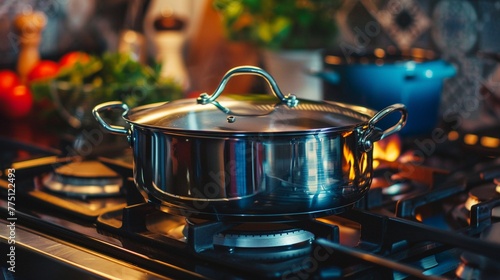 Close-Up of Stainless Steel Cooking Pot on Gas Stove
