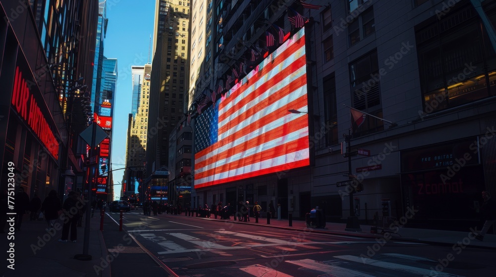 USA flag on building displays in the streets - obrazy, fototapety, plakaty 