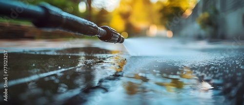 A professional cleaner utilizes a pressure washer to thoroughly clean a driveway. Concept Pressure Washing, Driveway Cleaning, Professional Cleaner, Exterior Maintenance, Cleaning Services