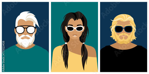 Vector set of male and female portraits. Bearded men and a young woman in sunglasses. An illustration of fashionable, self-confident and stylish youth wearing glasses.
