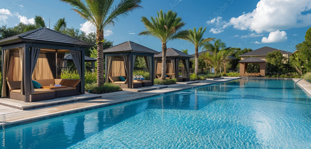 A resort-style pool with elegant cabanas and palm trees, evoking a sense of tropical paradise