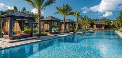 A resort-style pool with elegant cabanas and palm trees, evoking a sense of tropical paradise photo