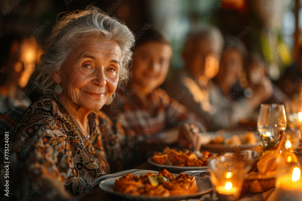 A family gathering around the dinner table, celebrating the matriarch of the household. Concept of familial unity and tradition. Generative Ai. A family gathering around the dinner table, celebrating the matriarch of the household. Concept of familial unity and tradition. Generative Ai.