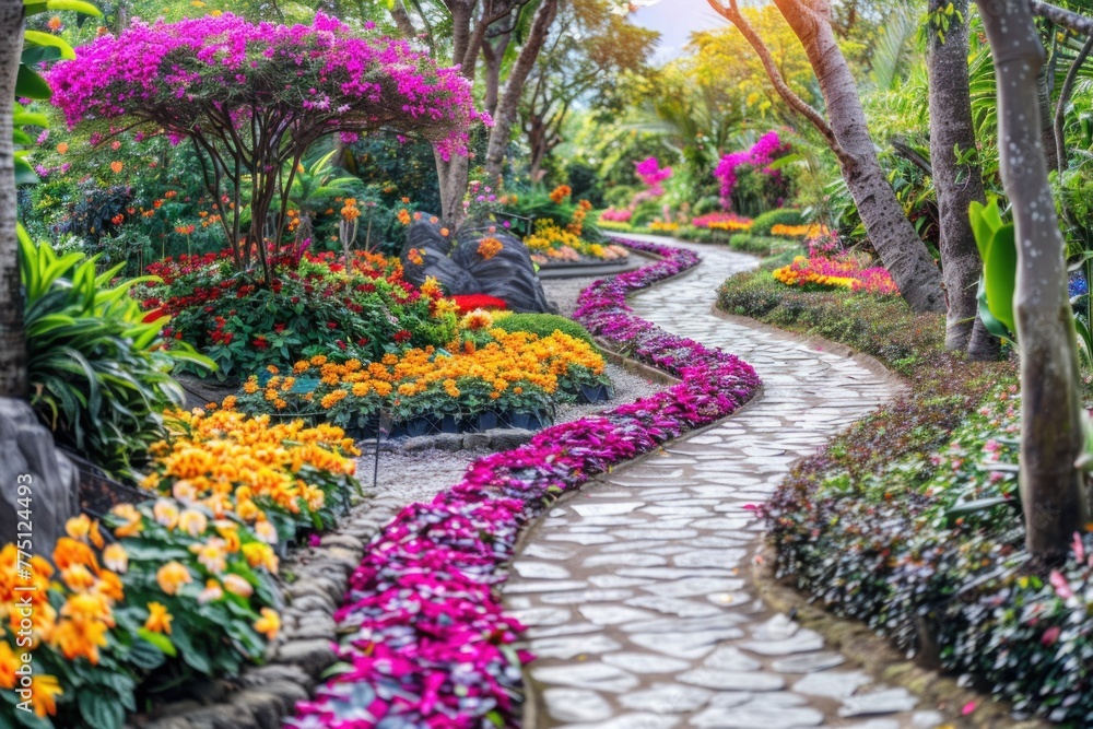A serene botanical garden filled with colorful blooms