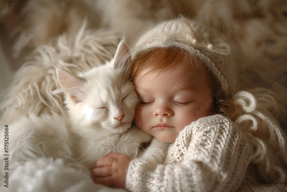 Heartwarming scene captured in a cozy embrace between a peaceful sleeping kitten and a tenderly hugging cute baby child, showcasing the purest form friendship Heartwarming scene captured in a cozy embrace between a peaceful sleeping kitten and a tenderly hugging cute baby child, showcasing the purest form friendship