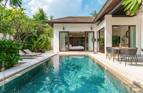 A luxurious two bedroom, one pool villa in Phuket with an open air dining area and lush greenery around the swimming pool © Kien