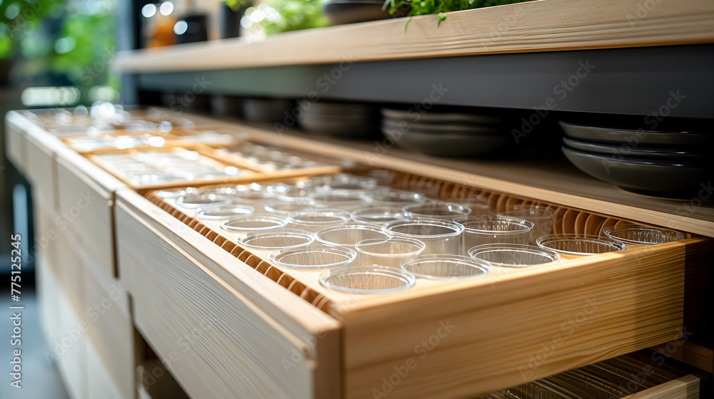 Close up of empty cupboard drawer in coffee shop, stock photo Close up of empty cupboard drawer in coffee shop, stock photo