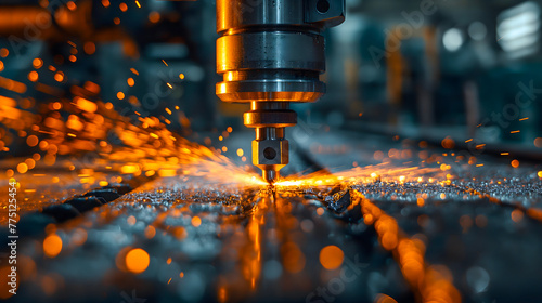 CNC milling machine cutting metal with sparks. Metalworking industry.