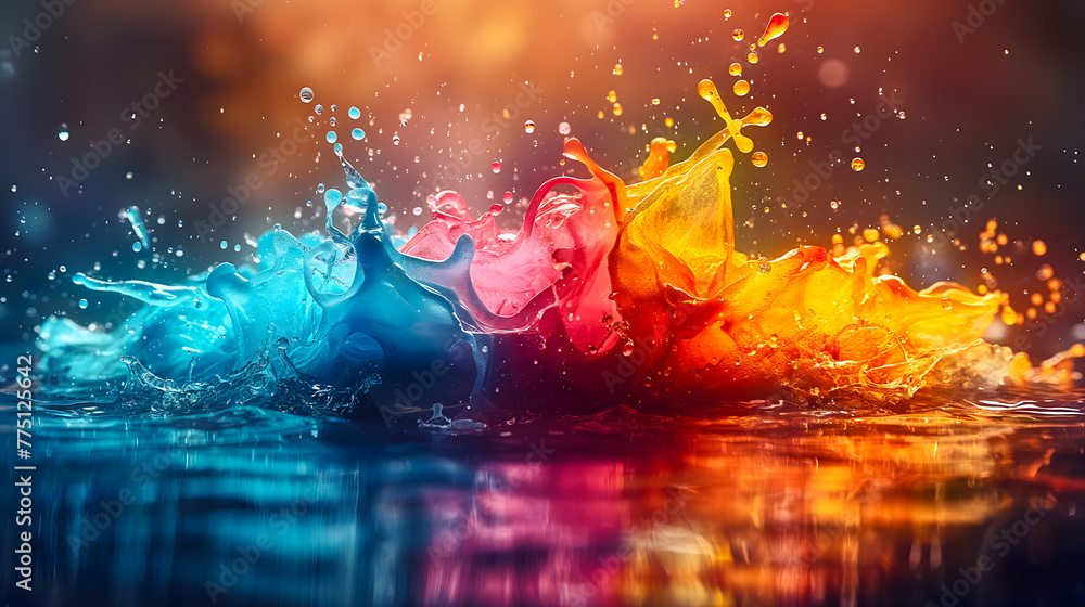 Obraz premium Colorful paint splashes on dark background. 3D Rendering