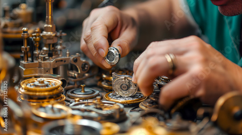 Detail of a watchmaker working in his workshop. Selective focus.