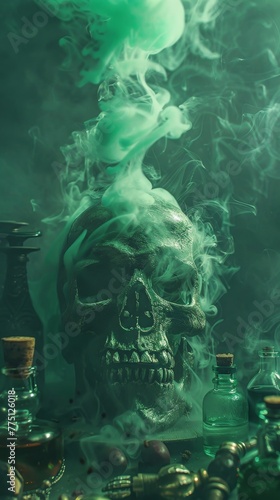 A dark fantasy tableau of a skull encased in green smoke, with scattered potion bottles, suggesting forbidden alchemical practices
