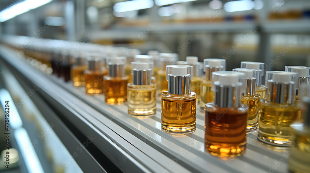 Perfume bottles on the conveyor belt of a modern cosmetics factory Perfume bottles on the conveyor belt of a modern cosmetics factory