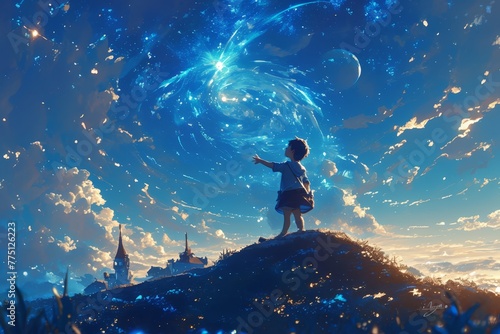 A little boy stands at the top of his hill, gazing up at the starry sky with wonder and curiosity. 