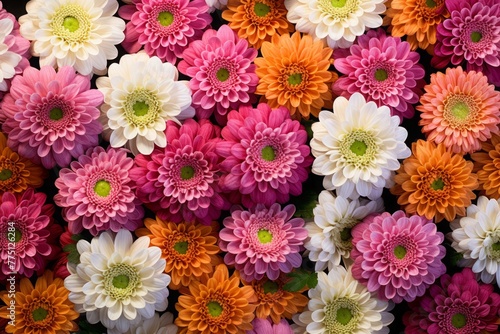 vibrant bouquet of chrysanthemums in various colors, captured from above. flowers are arranged to create an intricate pattern with different shades of reds, pinks, yellows, purples and white
