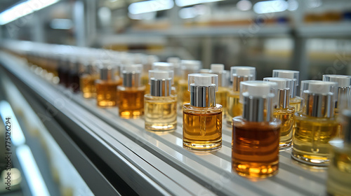 Perfume bottles on the conveyor belt of a modern cosmetics factory