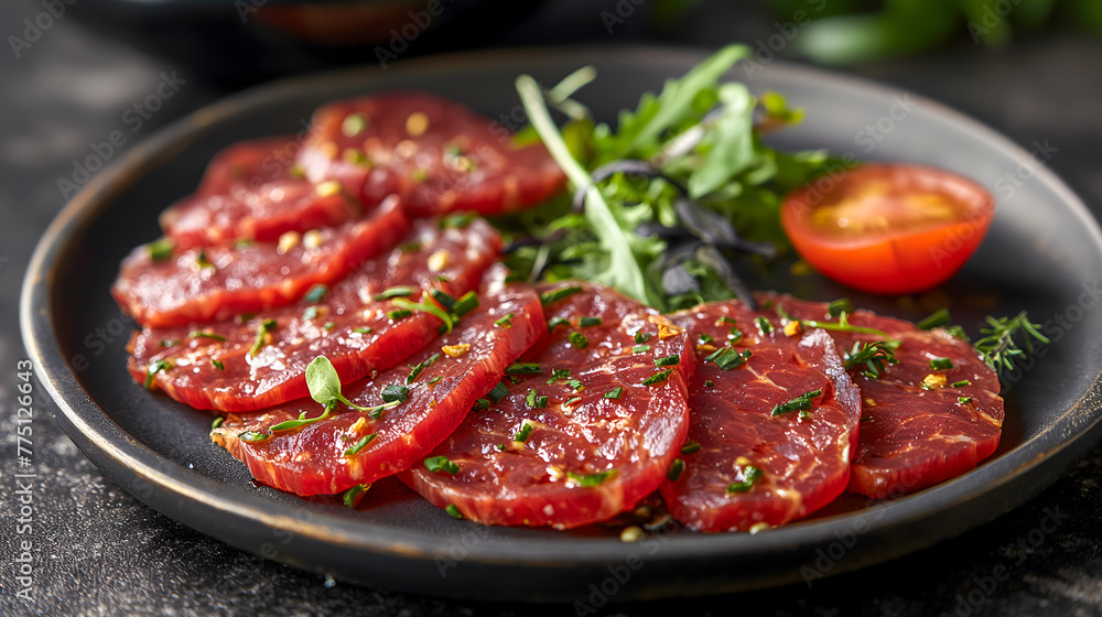 Sliced salami with arugula and tomato on plate Sliced salami with arugula and tomato on plate